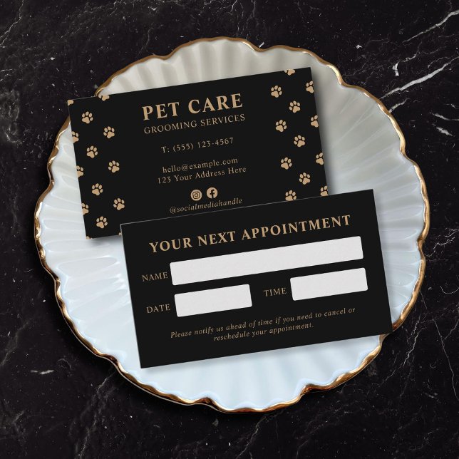 Modern Luxury Black Golden Paw Pet Care Appointment Card (modern luxury charcoal black gold paw pet appointment card)