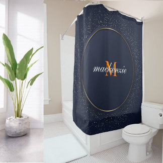Modern Luxury Blue Circle Orange Monogram Script  Shower Curtain