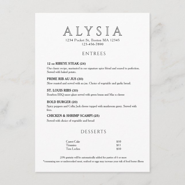 Modern Luxury Botanical Restaurant  Menu (Front)