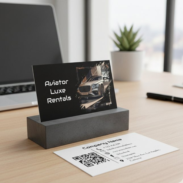 Modern Luxury Car Rental Black & White QR Code  Business Card (Creator Uploaded)