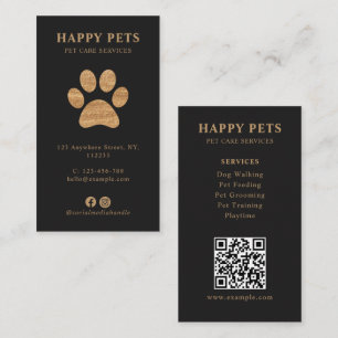 Modern Luxury Charcoal Gold Paw Pet Care Services Business Card