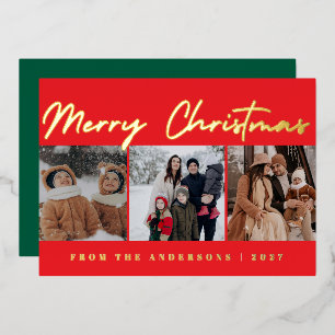 Modern Luxury Crimson 3 Photo Family Christmas Foil Holiday Card
