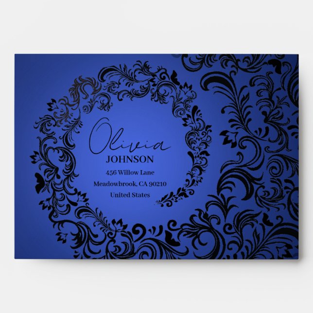 Modern Luxury Damask Blue Envelope (Front)
