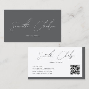 Modern Luxury Dark Grey Handwritten Script QR code Business Card