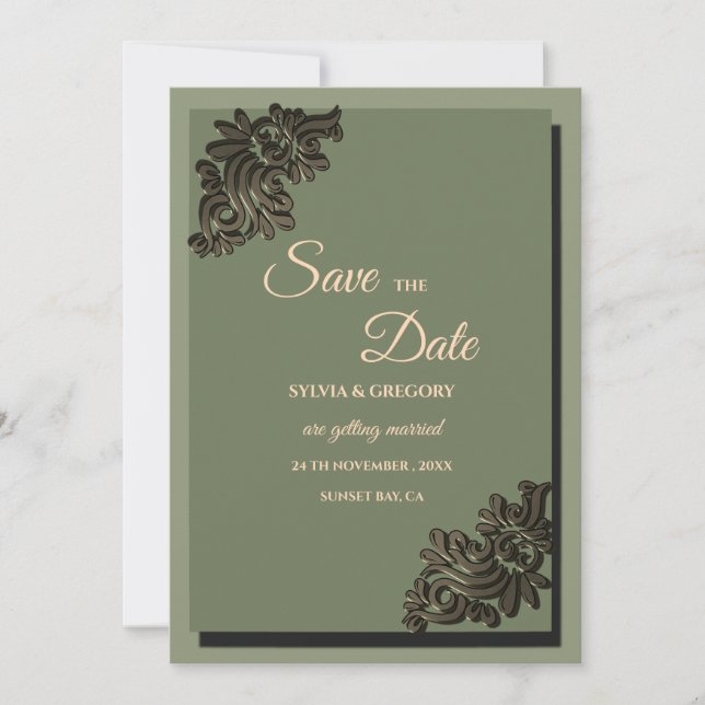 Modern Luxury Earth tone Sage Green & Gold Classic Save The Date (Front)