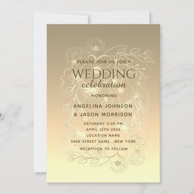 Modern Luxury Elegant Gold Floral Lace Wedding Invitation (Front)