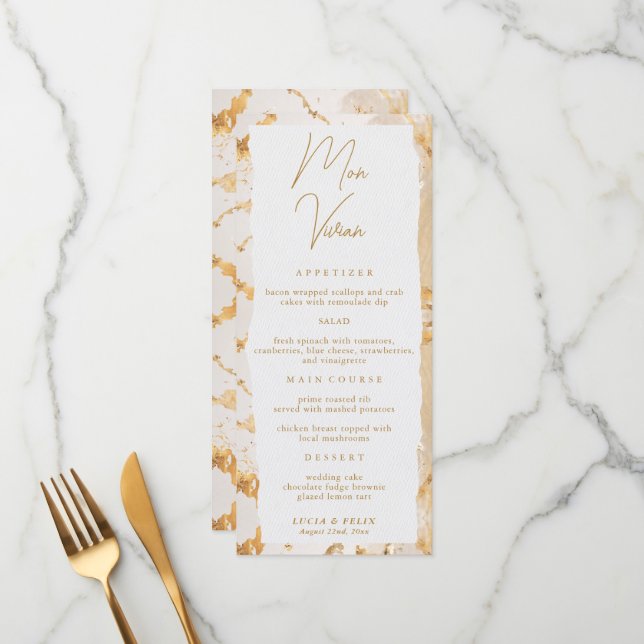 Modern Luxury Gold Abstract Wedding Menu Card (Front/Back In Situ)