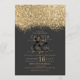 Modern Luxury Gold Black Glitter Confetti Wedding Invitation