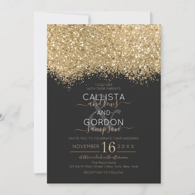 Modern Luxury Gold Black Glitter Confetti Wedding Invitation (Front)