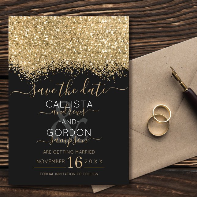 Modern Luxury Gold Black Glitter Confetti Wedding Save The Date (Creator Uploaded)