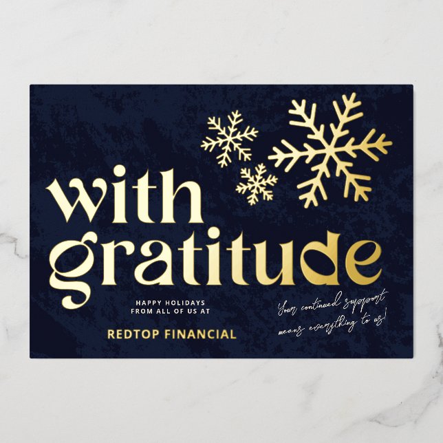 Modern Luxury Gold Gratitude Business Foil Holiday Card (Front)