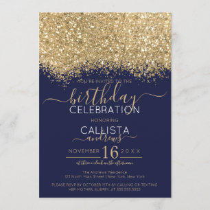 Modern Luxury Gold Navy Glitter Confetti Birthday Invitation