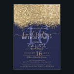 Modern Luxury Gold Navy Glitter Confetti Sweet 16 Invitation<br><div class="desc">The elegant, glamourous, and modern sweet sixteen birthday party invitation is perfect for the contemporary and stylish young teenage girl. It features a faux printed gold sparkly glitter confetti speckled colour block on top of a simple dark navy blue background with a large number "16" in a matching gold-tone. The...</div>