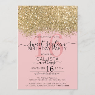 Modern Luxury Gold Pink Glitter Confetti Sweet 16 Invitation
