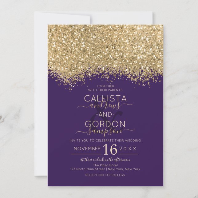 Modern Luxury Gold Violet Glitter Confetti Wedding Invitation (Front)