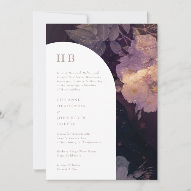Modern Luxury Monogram Dark Boho Floral Arch Invitation (Front)