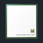 Modern Luxury Monogram Notepad<br><div class="desc">Elevate your stationery game with this monogrammed notepad featuring classic block typography and a brushed gold medallion monogram and green trim. The notepad includes space for your name or custom text, making it perfect for personal or professional use. Use it to jot down notes, ideas, and reminders in style. It...</div>