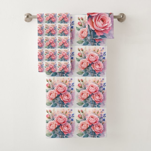 Modern Luxury Pink Roses Beautiful Collection Bath Towel Set (Insitu)