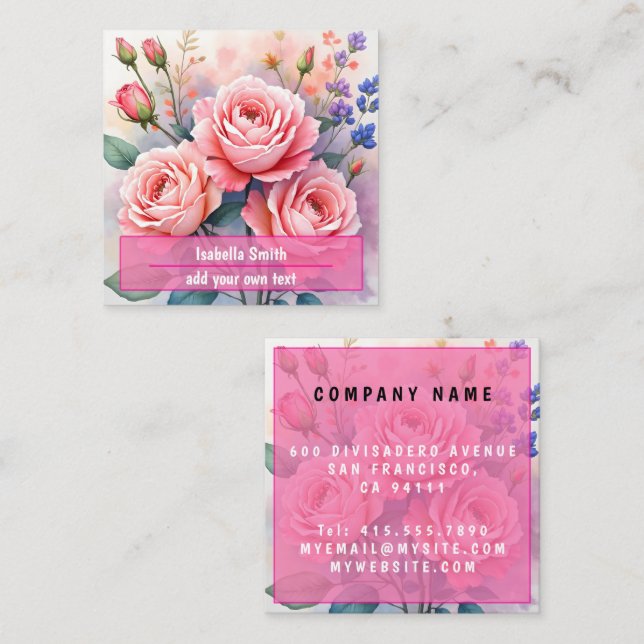 Modern Luxury Pink Roses Beautiful Collection Square Business Card (Front/Back)