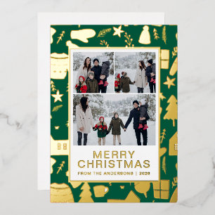 Modern Luxury Whimsical Christmas Doodles 3 Photo Foil Holiday Card