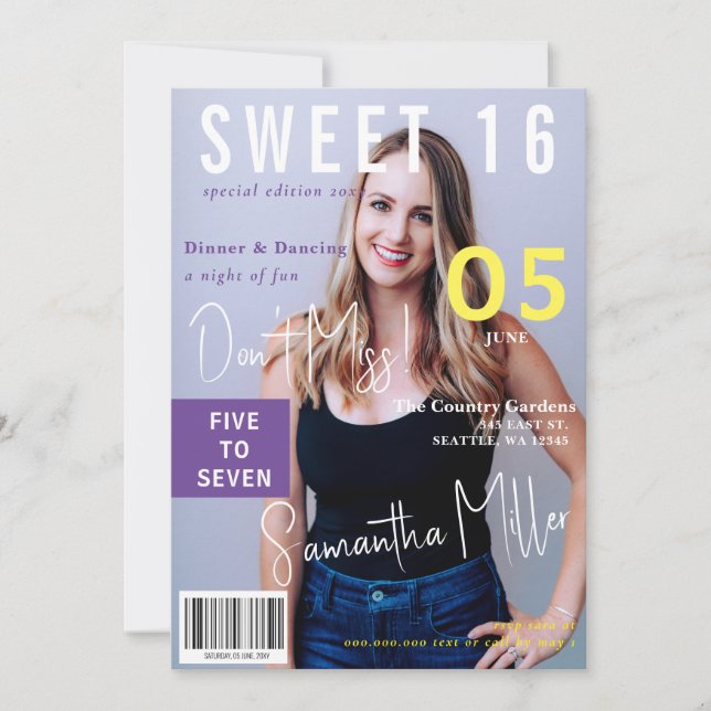 Modern Magazine Cover 2 Photos Sweet 16 Invitation (Front)