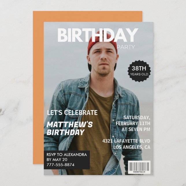 Modern Magazine Cover for him 38th birthday Invitation (Front/Back)