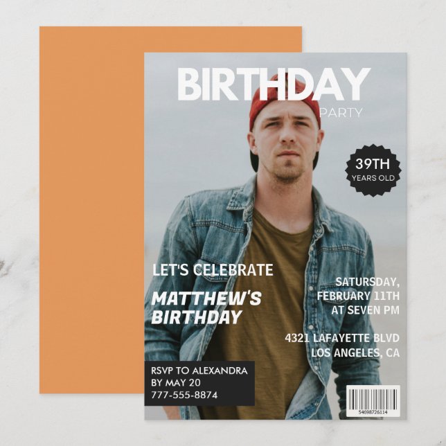 Modern Magazine Cover for him 39th birthday Invitation (Front/Back)
