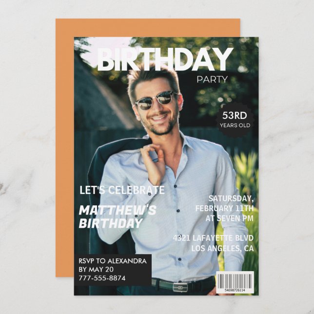Modern Magazine Cover for him 53rd birthday Invitation (Front/Back)