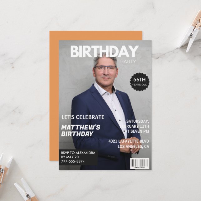 Modern Magazine Cover for him 56th birthday Invitation (Front/Back In Situ)