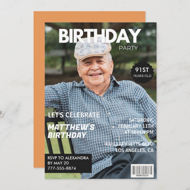 Modern Magazine Cover for him Photo 91st birthday Invitation (Front/Back)