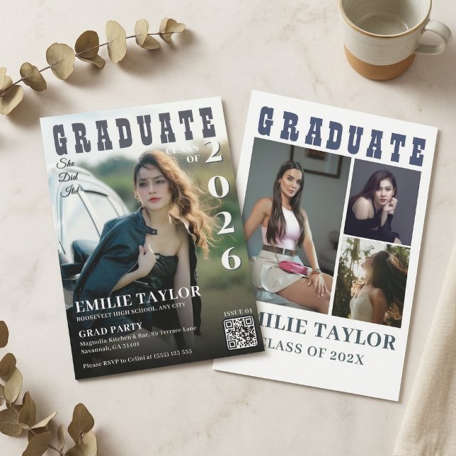 Modern Magazine Cover Then & Now Photo QR Code Invitation (Modern Magazine Cover Then & Now Photo QR Code Invitation)