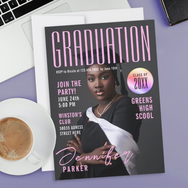 Modern Magazine Pink Graduation School Bachelor Invitation (Creator Uploaded)