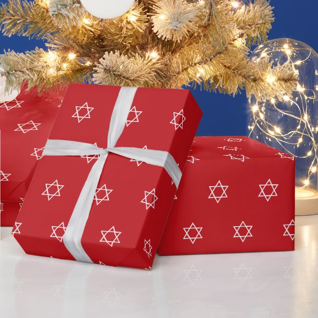 Modern Magen David red white pattern Hanukkah Wrapping Paper (Holidays)