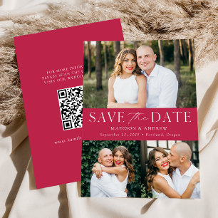 Modern Magenta 3 Photo QR Code Save The Date
