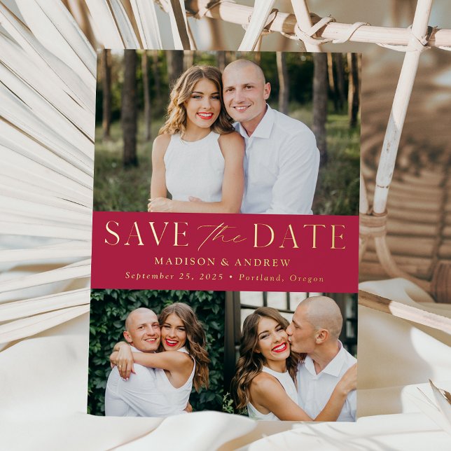 Modern Magenta and Gold Foil 3 Photo Save the Date (Creator Uploaded)