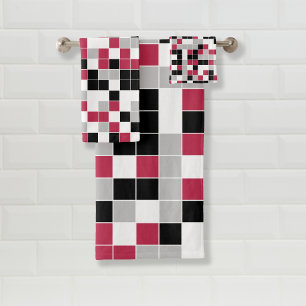 Modern Magenta Black Grey Geometric Bath Towel Set