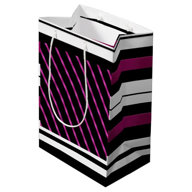 Modern Magenta Black White Bold Stripes Medium Gift Bag (Back Angled)