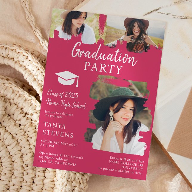 Modern magenta Brushstroke 3 photos graduation Invitation (Creator Uploaded)