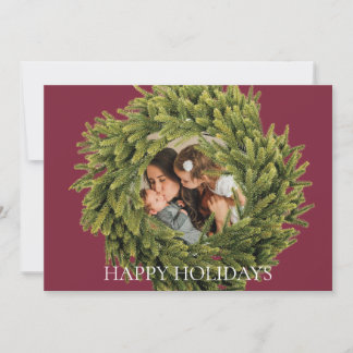 Modern magenta Christmas Wreath Photo Holiday Card