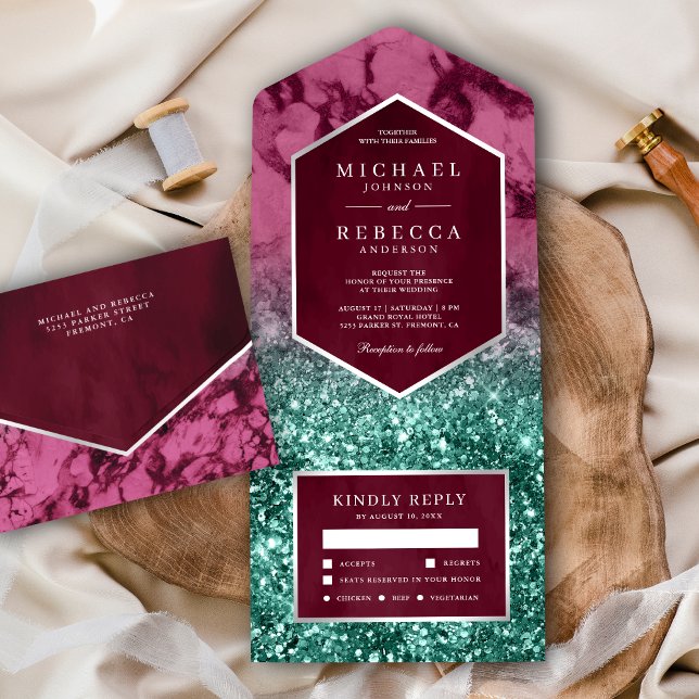 Modern Magenta Marble Teal Glitter Wedding All In One Invitation (Creator Uploaded)