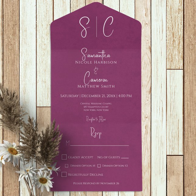 Modern Magenta Minimal Monogram Dinner All In One Invitation (Creator Uploaded)