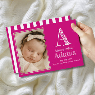 Modern Magenta Monogram Birth Stats Photo Announcement