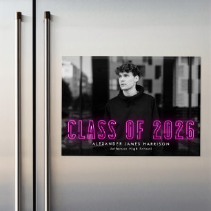 Modern Magenta Neon Class of 2025 Photo Graduation Magnetic Invitation