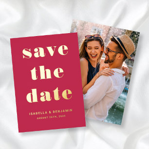 Modern Magenta Photo Save The Date Gold Foil