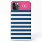 Modern Magenta Pink Navy Stripes Custom Monogram