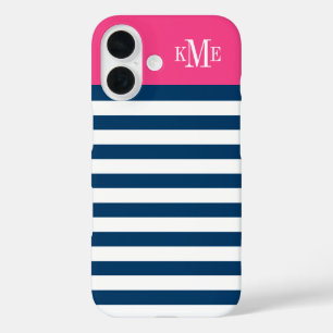 Modern Magenta Pink Navy Stripes Custom Monogram iPhone 16 Case
