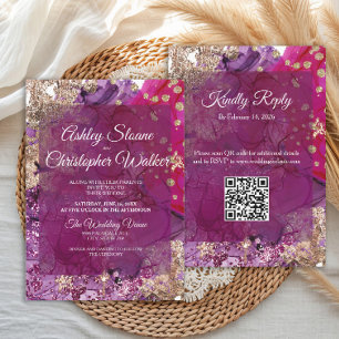 Modern Magenta Plum Gold QR code Wedding Invitation