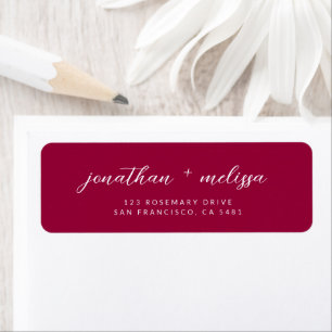 Modern Magenta Red Cursive Script Wedding Address Return Address Label