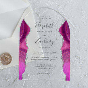 Modern Magenta Silver Agate Wedding Arch Acrylic Invitations
