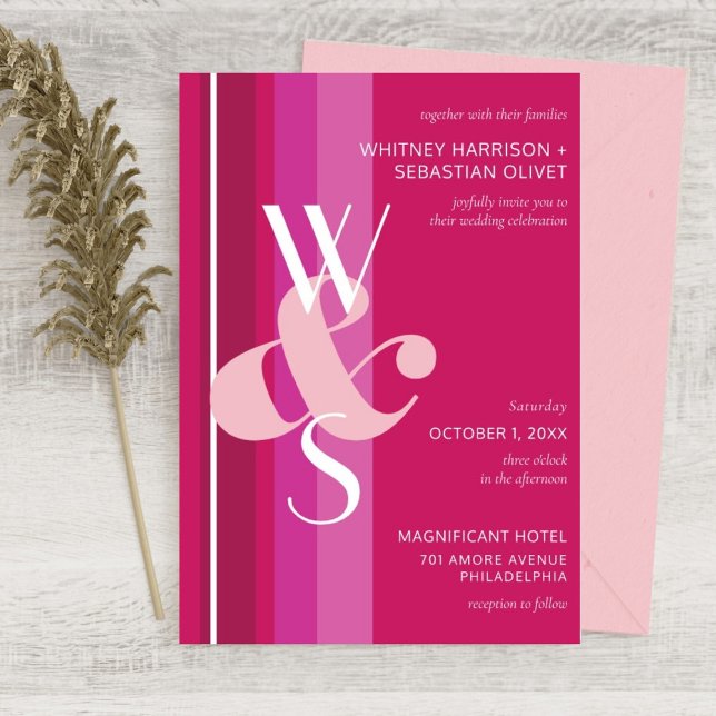 Modern Magenta Stripe Monogram Ampersand Wedding Invitation (Creator Uploaded)